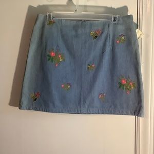 The Impeccable Pig Light Denim skirt with embroidered flowers. Brand new.  L.